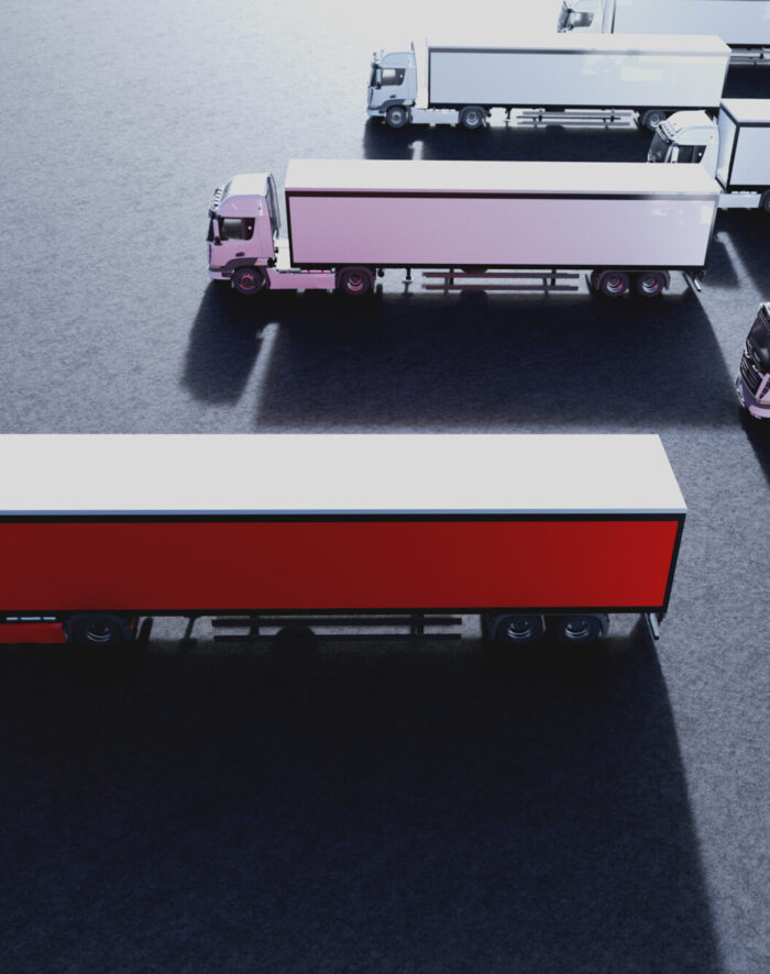 Fleet of new heavy trucks with one selected. Transportation Fleet of new heavy trucks with one selected. Transport, shipping industry. 3D illustration